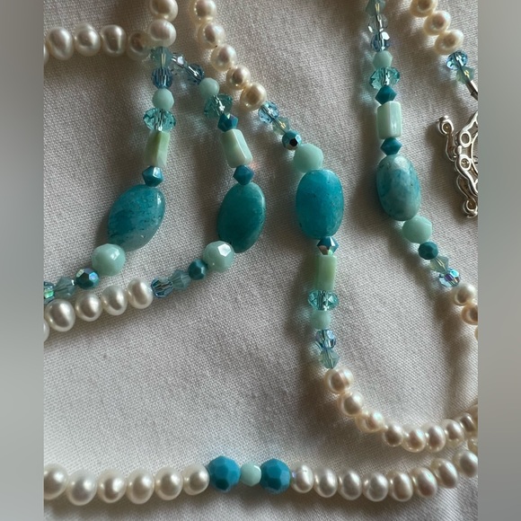 🌸🌸Pearl, Larimar & Swarovski 30” Necklace 🌸🌸 - Picture 9 of 12
